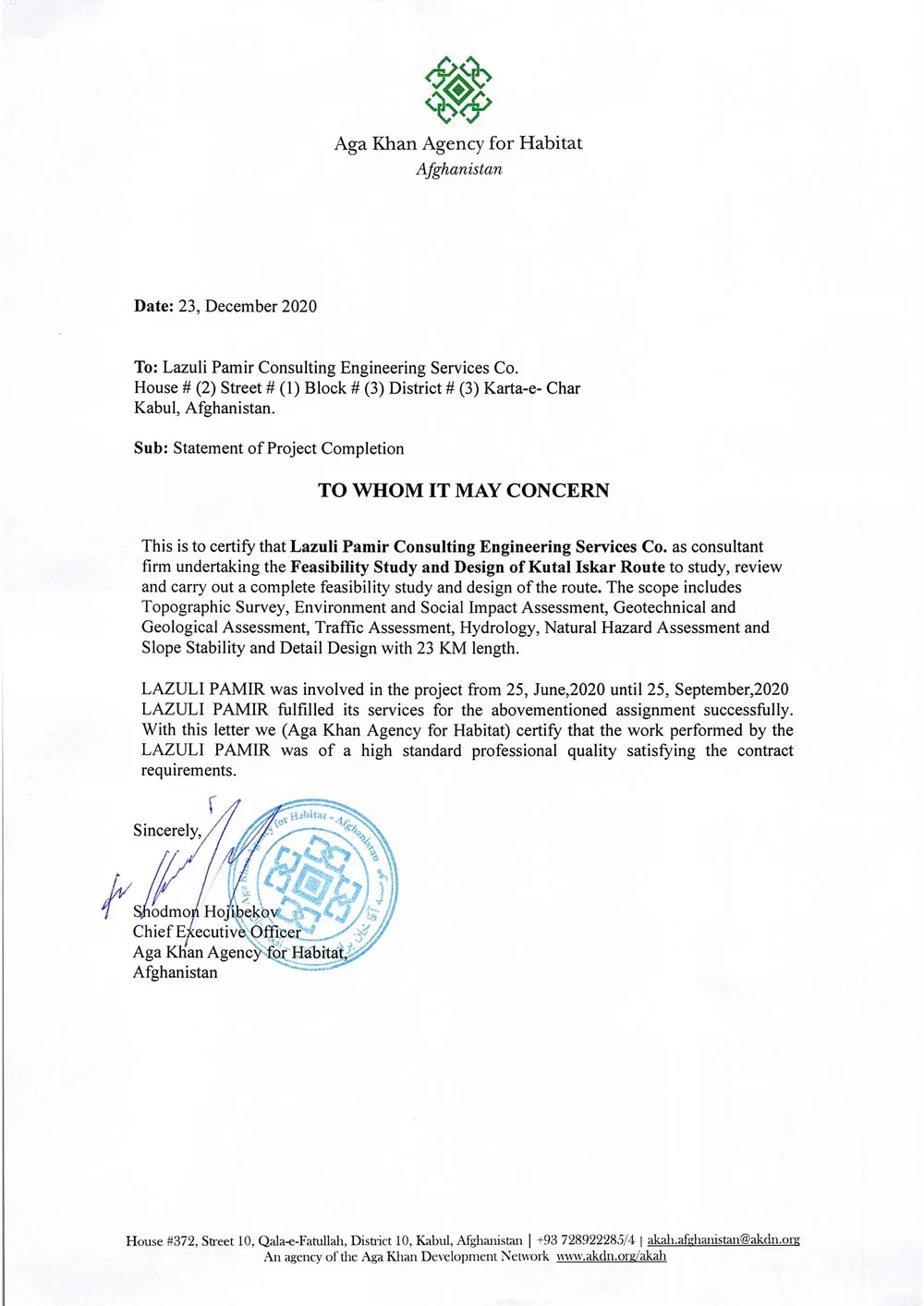 Aga Khan for Habitat Completion Certificate