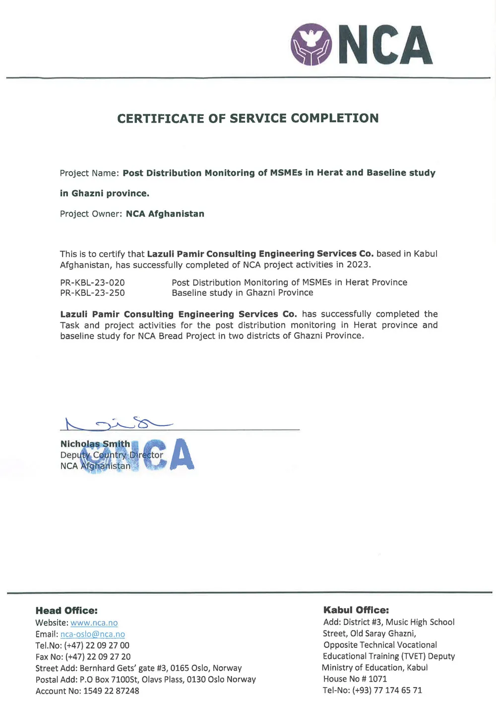 Certificate of Services Completed NCA
